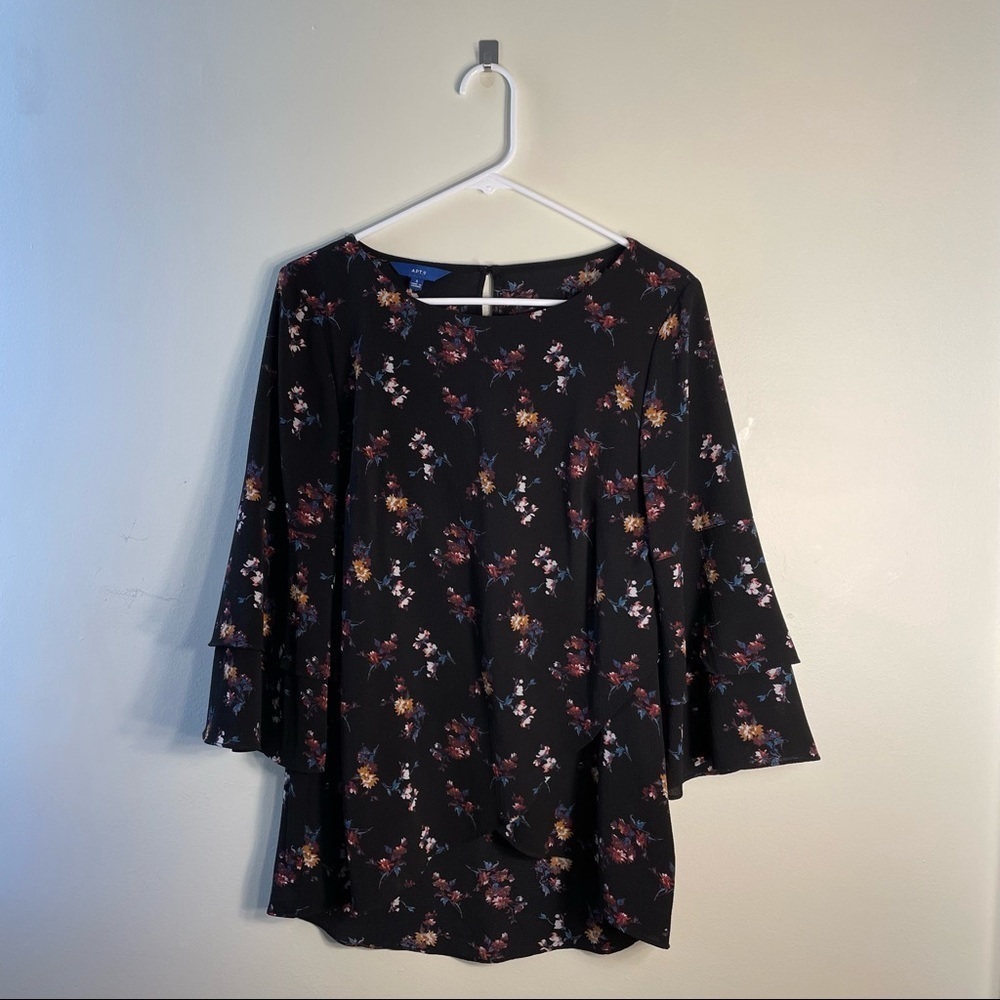 Apt.9 floral black double bell sleeves blouse delicate wrap autumn statement top